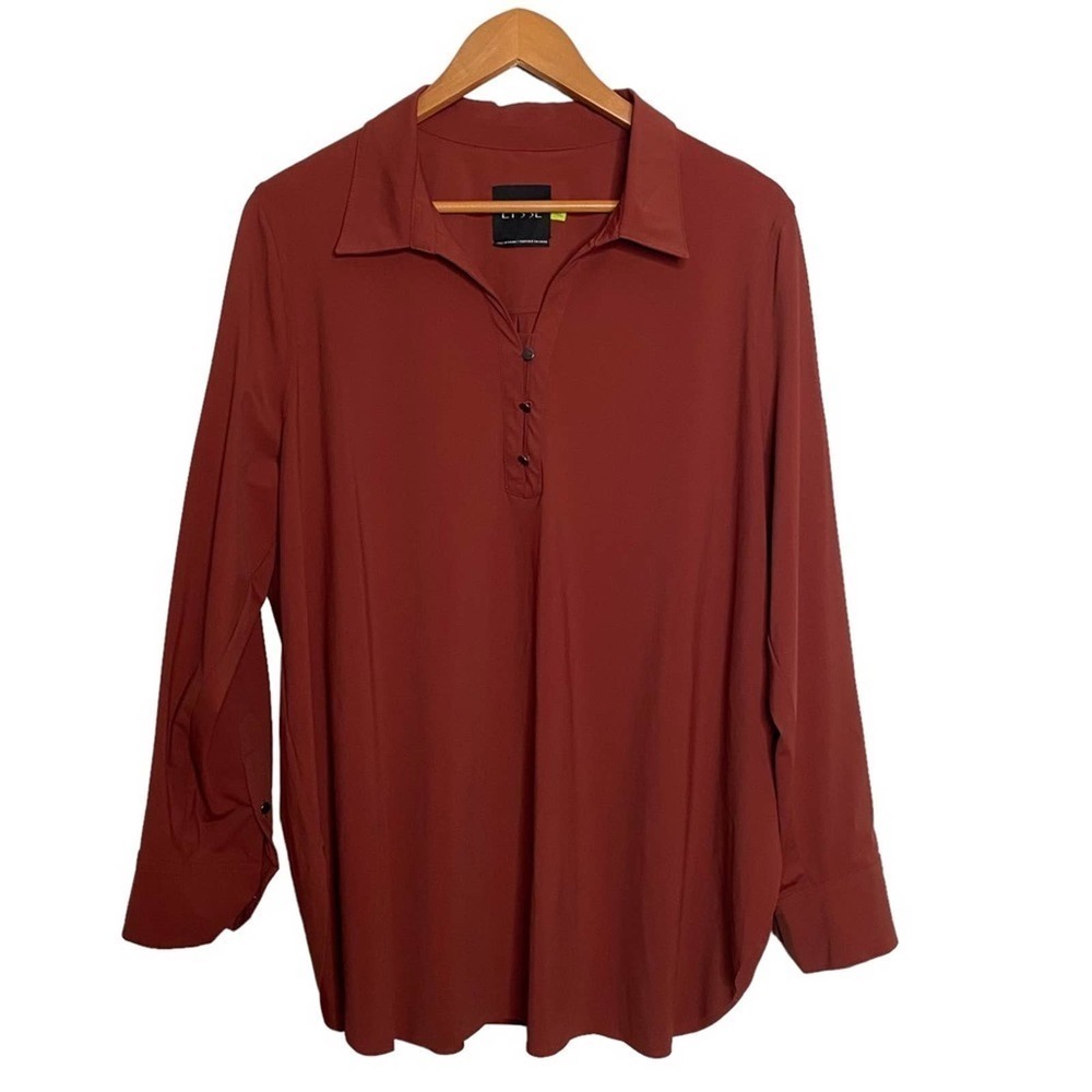 Lysse Nylon Popover Shirt Blouse Size XL Brown Stretch Cut Out Long Sleeve Tunic